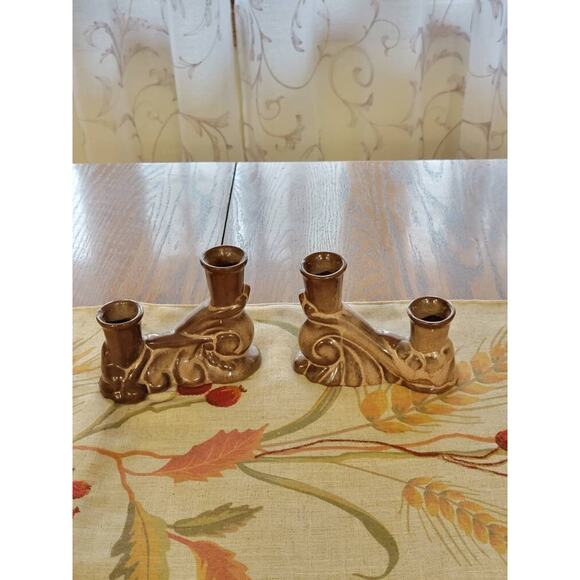 2 Vintage Frankoma Candle Holders 304 Double Candlesticks, Plainsman Brown - Picture 2 of 6